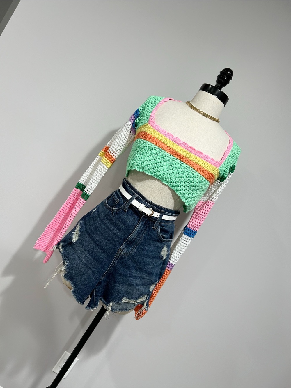 Handmade Crochet Mint Multi-Stripe Square Neck Crop Top